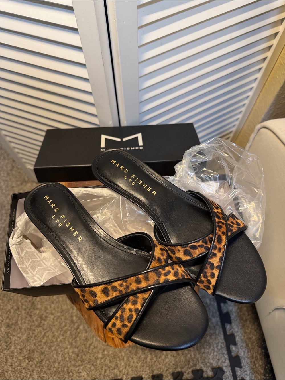 Marc Fisher Leopard-Print Cross Strap Slide Mules in Brown and Black